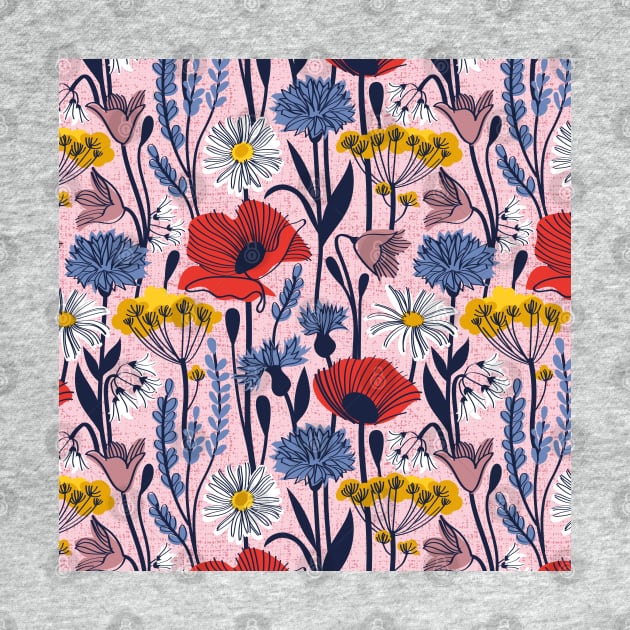 Wild field // pattern // pastel pink background neon red orange shade poppies white daisies denim blue cornflower pink bluebells yellow fennel flowers and other wild flowers meadow plants by SelmaCardoso